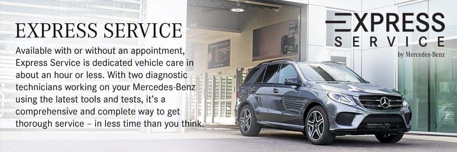 A Mercedes-Benz Express Service advertisement featuring a gray SUV parked outside a modern service center.