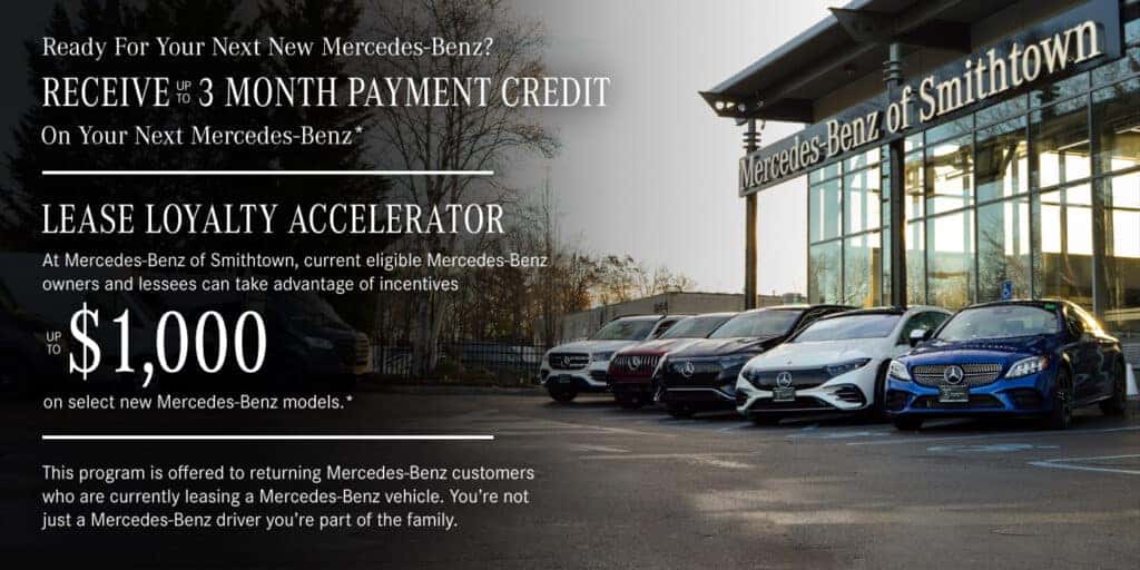 Promotional image for Mercedes-Benz of Smithtown offering financial incentives on new cars, with several luxury vehicles in the foreground.
