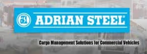 Adrian Steel logo with text Cargo Management Solutions for
Commercial Vehicles on a blurred vehicle background.