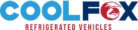 The CoolFox Refrigerated Vehicles logo features blue text, with a red fox head graphic integrated into the 'O' of 'FOX'.
