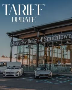 'TARIFF UPDATE' text over a Mercedes-Benz dealership with two luxury cars parked outside.