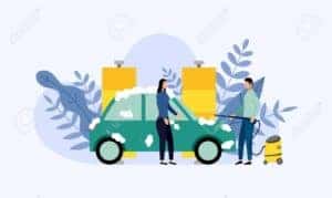 Illustration of a car being washed and cleaned