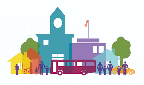 Illustration of a local town with neighbours and shops